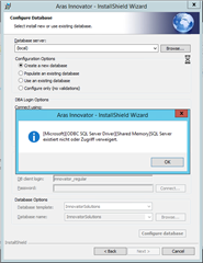 This window appears (It's german sorry) I hope you can understand a bit of it. It says: Access denied. I have tried it with the password which was set for the user sa.